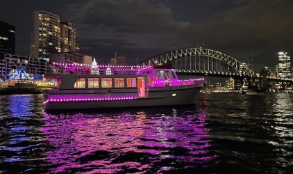 Vivid Cruises on Galene in front of the Sydney Harbour Bridge