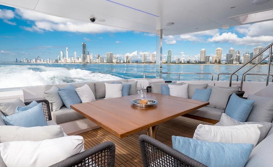 Super Yacht Charters on Aura large outdoor entertaining space on the aft deck