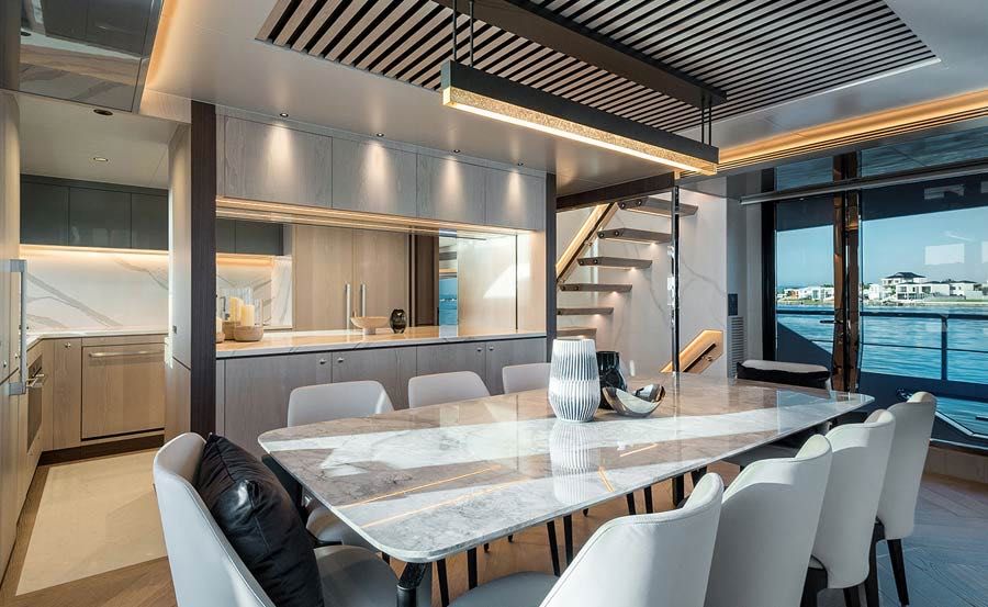 Super Yacht Charters on Aura Dining table for up to 10 guests