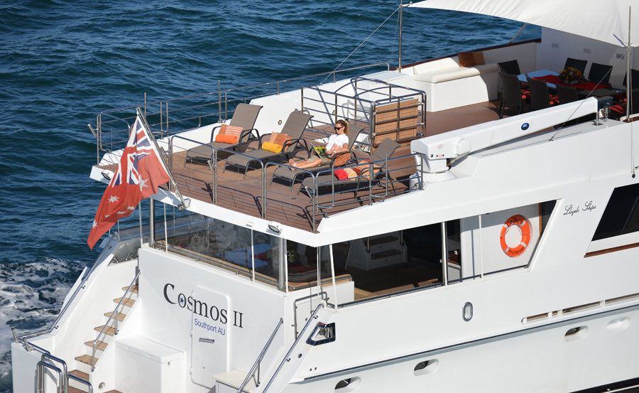 Boat Hire on Cosmos II lounging on top deck