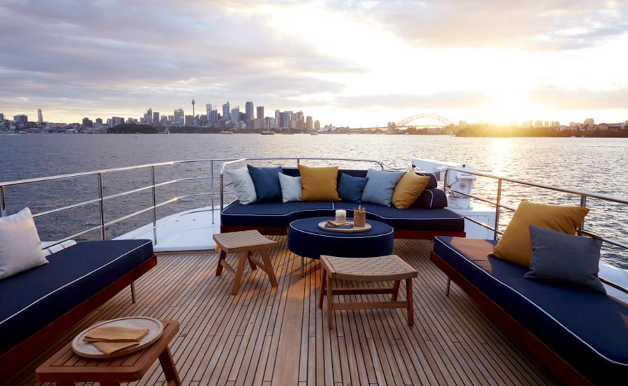 Hiilani boat hire top deck as sun sets