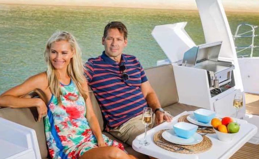 Aft deck lounge on Boat hire on Moon Glider Aft deck lounge on Boat hire on Moon Glider