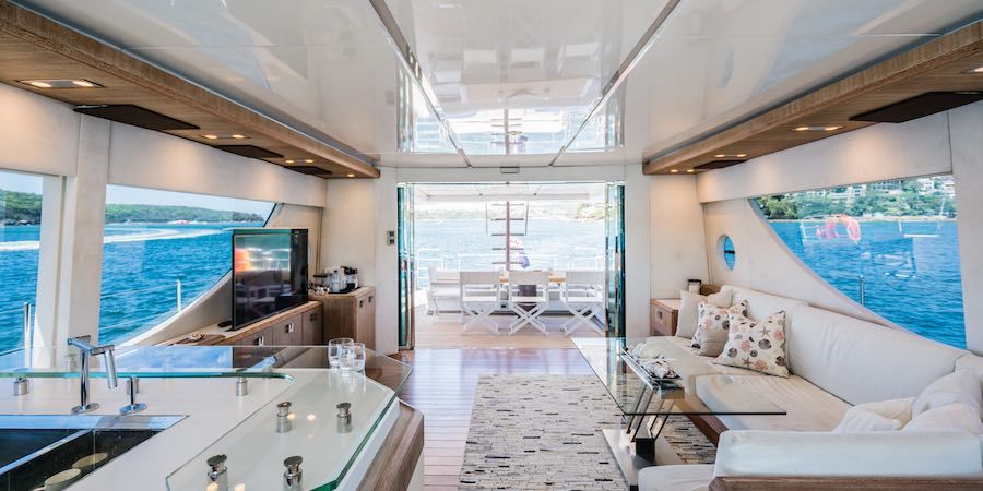 Boat hire on NISI main lounge looking out Boat hire on NISI main lounge looking out