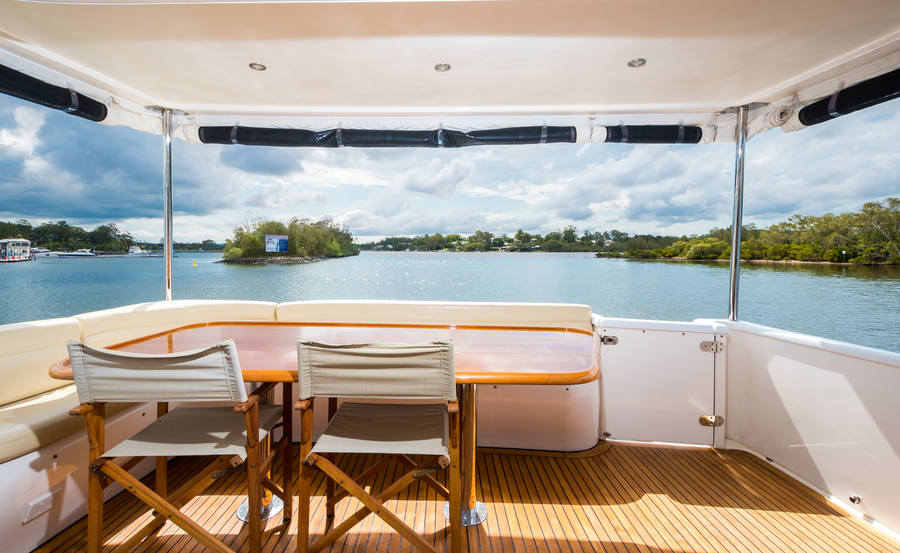 Boat Hire on Seas The Day aft deck dining Boat Hire on Seas The Day aft deck dining