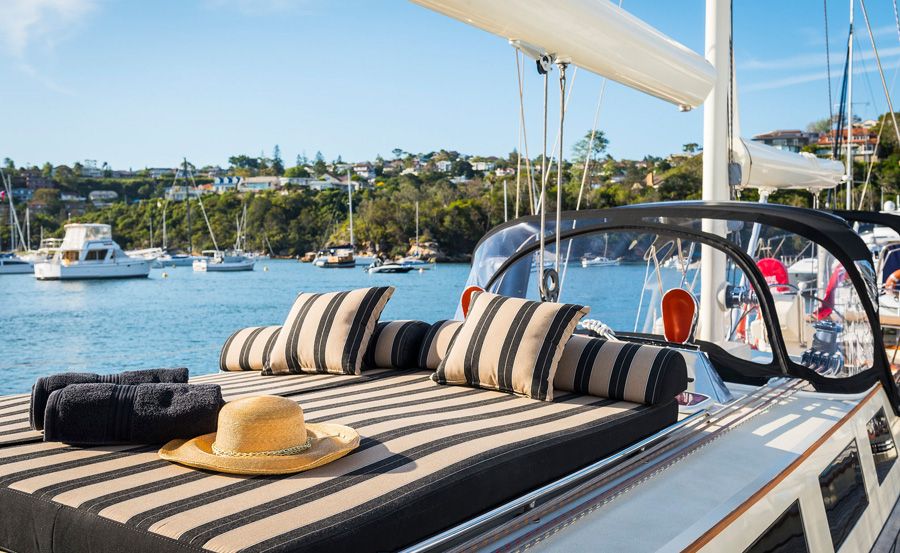 Boat Hire on Sir Thomas Sopwith day beds on deck Boat Hire on Sir Thomas Sopwith day beds on deck