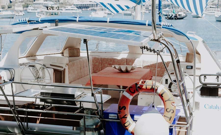 Boat Hire on Catalyst Main Saloon from Stern Boat Hire on Catalyst Main Saloon from Stern
