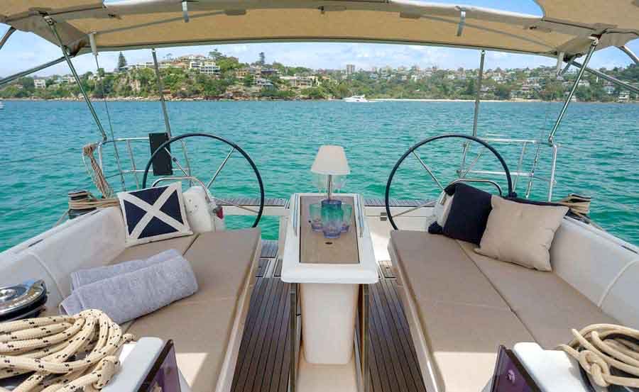 Sailing Sydney on Cavatina cockpit with daybed