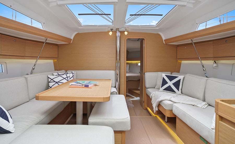Sailing Sydney on Cavatina lounge area in main saloon leading into master cabin