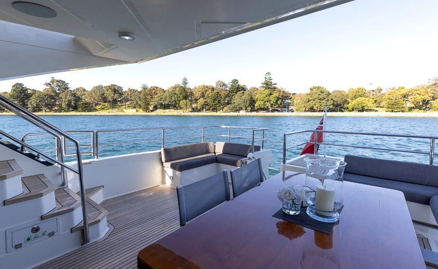 Luxury Boat Hire Sydney on Element Middle Deck looking from port side