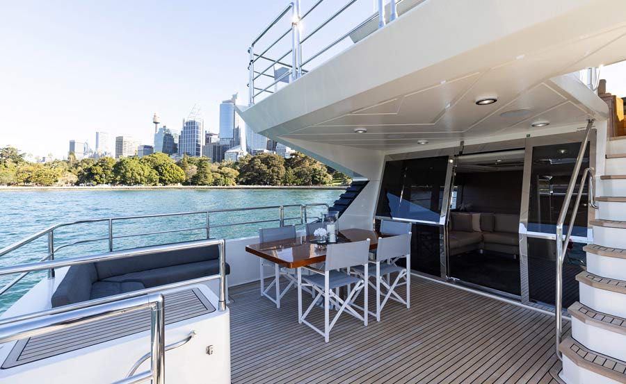 Luxury Boat Hire Sydney on Element Middle deck from the starboard side