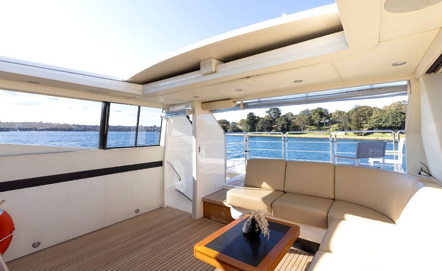 Luxury Boat Hire Sydney on Element Upper saloon from port side looking onto upper deck