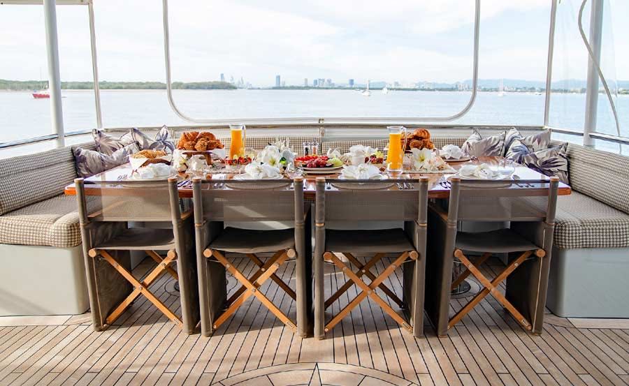 Whitsundays Super Yacht Hire on Pleiades II Outdoor Dining area on Main Deck