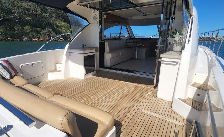 Vivid Cruises on Seaduction outdoor deck looking into main saloon