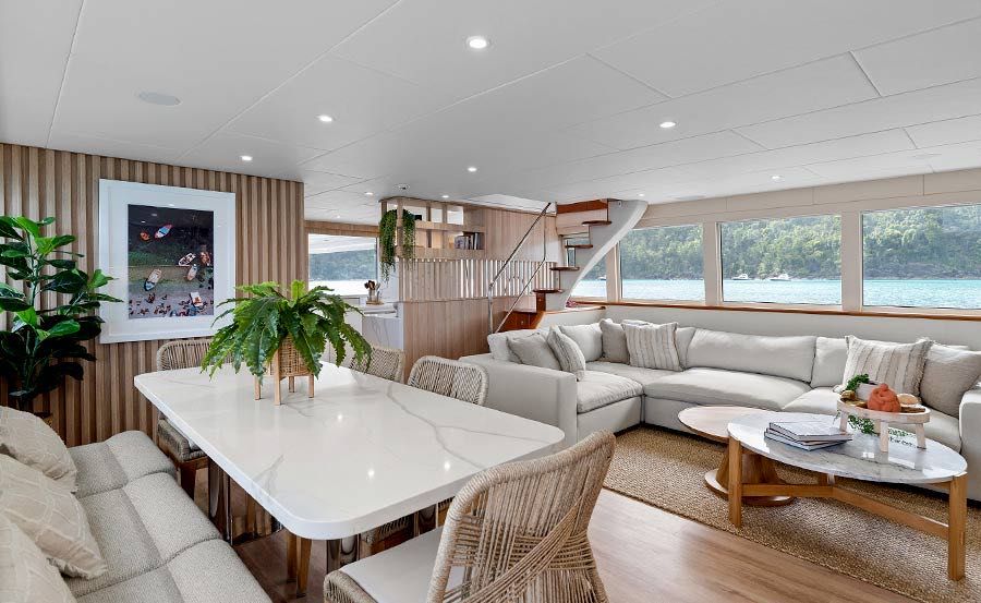 Whitsundays Super Yacht Hire on Segara Main saloon and dining area Whitsundays Super Yacht Hire on Segara Main saloon and dining area