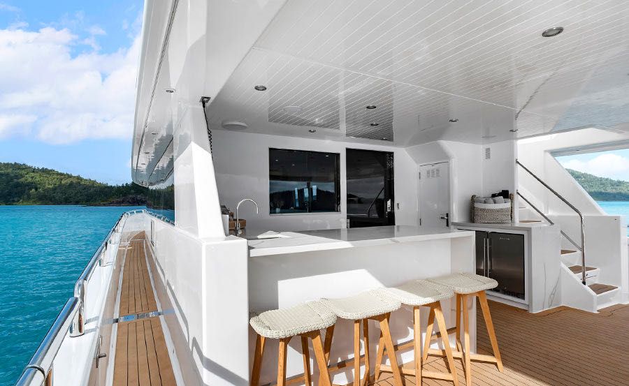 Whitsunday super yacht hire on Segara dining area on lower deck Whitsunday super yacht hire on Segara dining area on lower deck