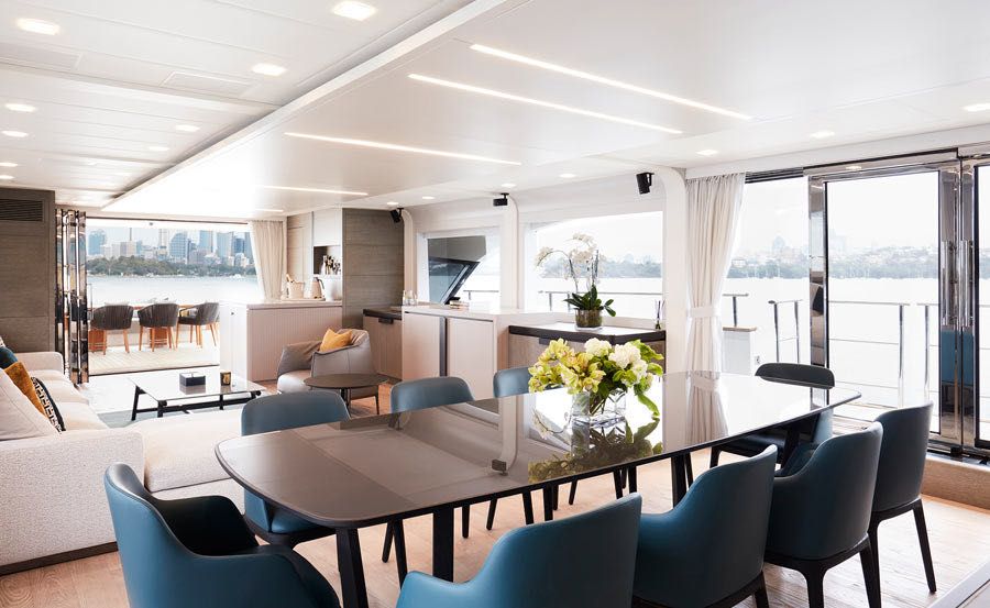 New Year's Eve Cruises on Sirenuse Main saloon with Dining table and lounge area on lower deck New Year's Eve Cruises on Sirenuse Main saloon with Dining table and lounge area on lower deck
